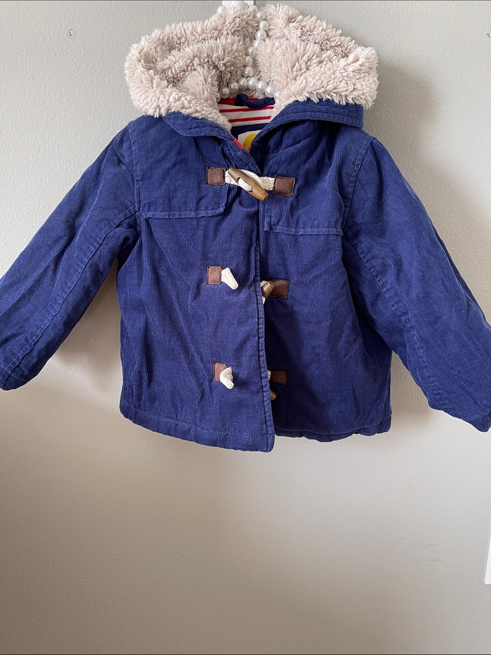 Baby Boden Navy Hooded Toggle Pea Coat with Cream Faux-Fur Trim